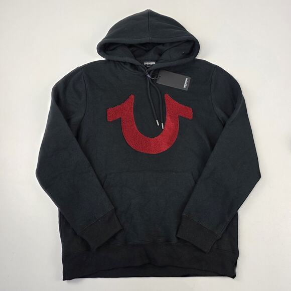 True Religion Men’s Medium Jet Black Washed HS Patch Hoodie Red Logo NWT $119 - Picture 1 of 10